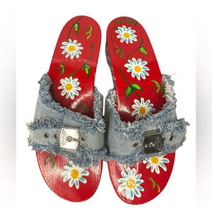 RARE Dr. Scholl’s Handpainted Mallys Denim Wooden Sole Slip-in Sandals